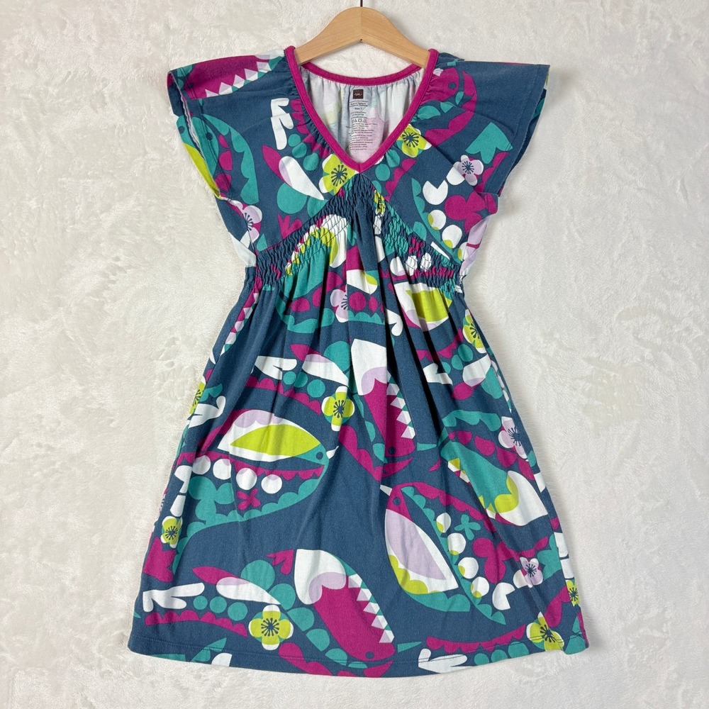 Tea Collection Dress Kids Size 7 Blue Pink‎ Floral Good Smocked Cotton Knit
